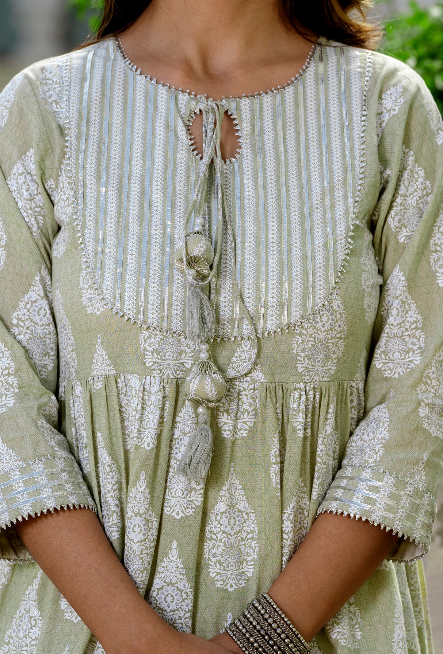 Green printed tiered kurta with pencil pant and chiffon Dupatta(A209K3GRN)