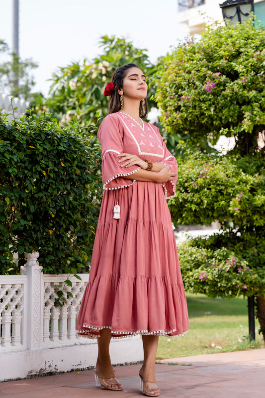 Mirror Embroidered Bell Sleeves Tiered Crepe Midi Dress(A210K1MUV)