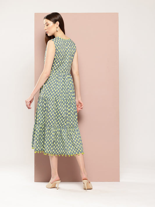 ArtiZenWeaves Womens Grey Cotton Floral Printed Tiered Maxi Dress (A231K1GRY)