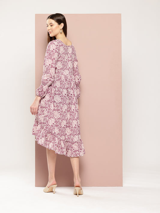 ArtiZenWeaves Womens Purple Cotton Ethnic Motifs Printed A-Line Midi Dress (A240K1PRL)