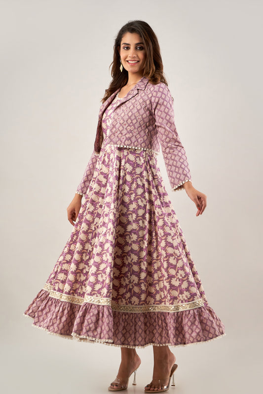 Flared Printed Maxi Dress with Short Printed Blazer(A226K2PUR)