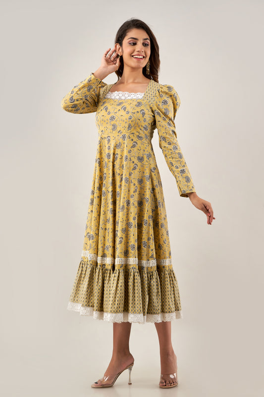 Yellow Cotton printed flared dress(A224K1YLW)