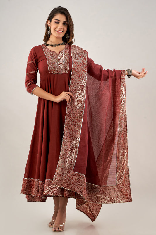 Maroon Long Flared Kurta with Kota Doriya Dupatta (A228K2MRN)