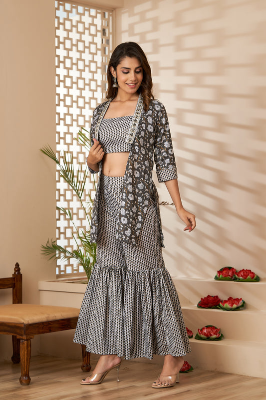 Grey and White Printed Co-ord Set with Jacket (A225K3GRY)
