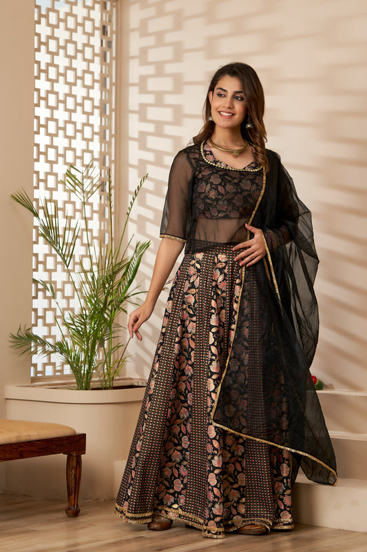 Black Foil Printed Lehenga Choli with Dupatta (A223K4BLK)