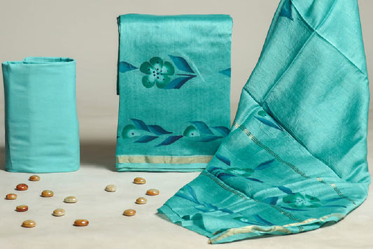 Tantalizing Turquoise Hand Painted Chanderi Silk Suit Unstitched suit set (304MH3CHCH)