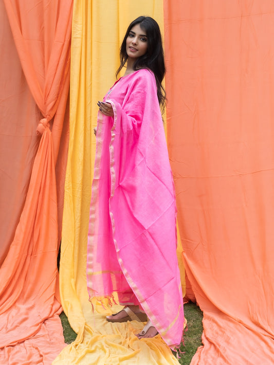 Women's Cotton Slub Embroidered Straight Kurta Palazzo & Dupatta Set (Pink) (184VDKPZD4072PNK)