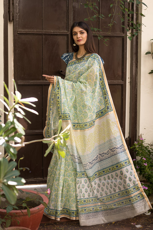 Jasmine White and Blue Handblock Printed Chanderi Silk Saree (196NV1SACH)