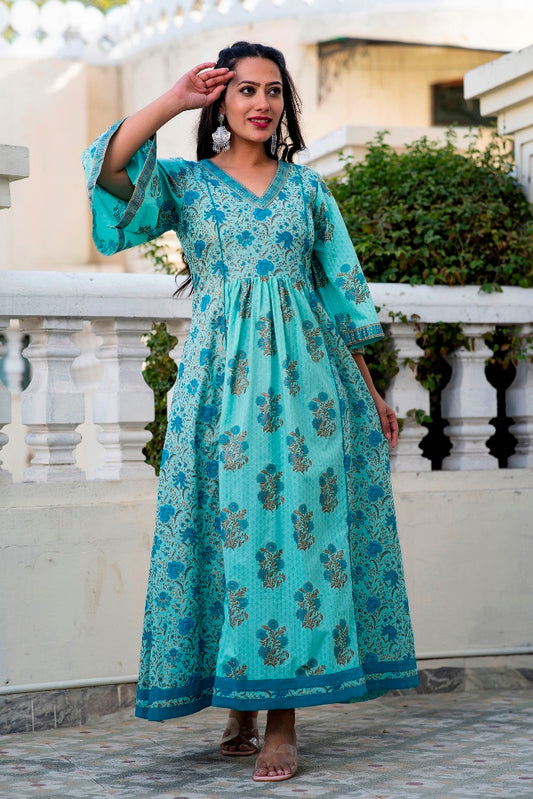 Adqeduct Turquoise Blue Premium Cotton Gold Foil Printed Dress (A116K1TRQ)