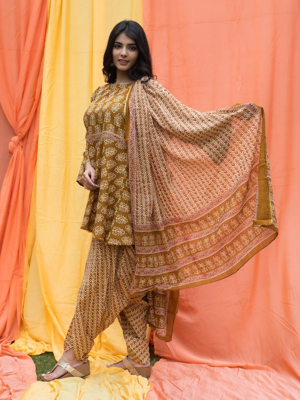 Women's Cotton Cambric Floral Printed Kurta Dhoti & Dupatta Set (Mustard) (201VDKPD3801MTRD)