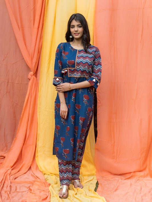 Women's Cotton Cambric Embroidered Straight Kurta & Pant Set (Blue & Red) (203VDKP3860BLU)