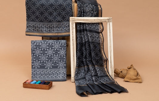 Lead Black- Grey Handblock Printed Chanderi Silk Unstitched Suit Set (262MH3CHCH)