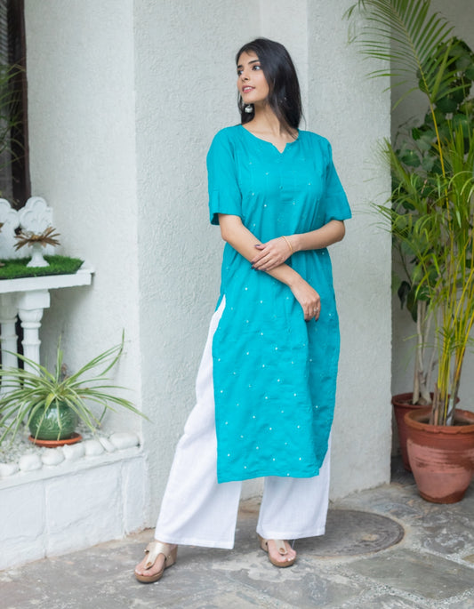 Womens Cotton Blend Solid Straight Kurta Palazzo (Turquoise) (316VDS418TL)
