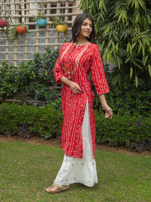 Womens Cotton Bandhej Print Straight Kurta Sharara (Red) (319VDS421RD)