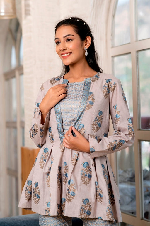 Smokey Grey Steel Blue Shiny Crop Top Flared Pant With Peplum Jacket (A114K3GRY)