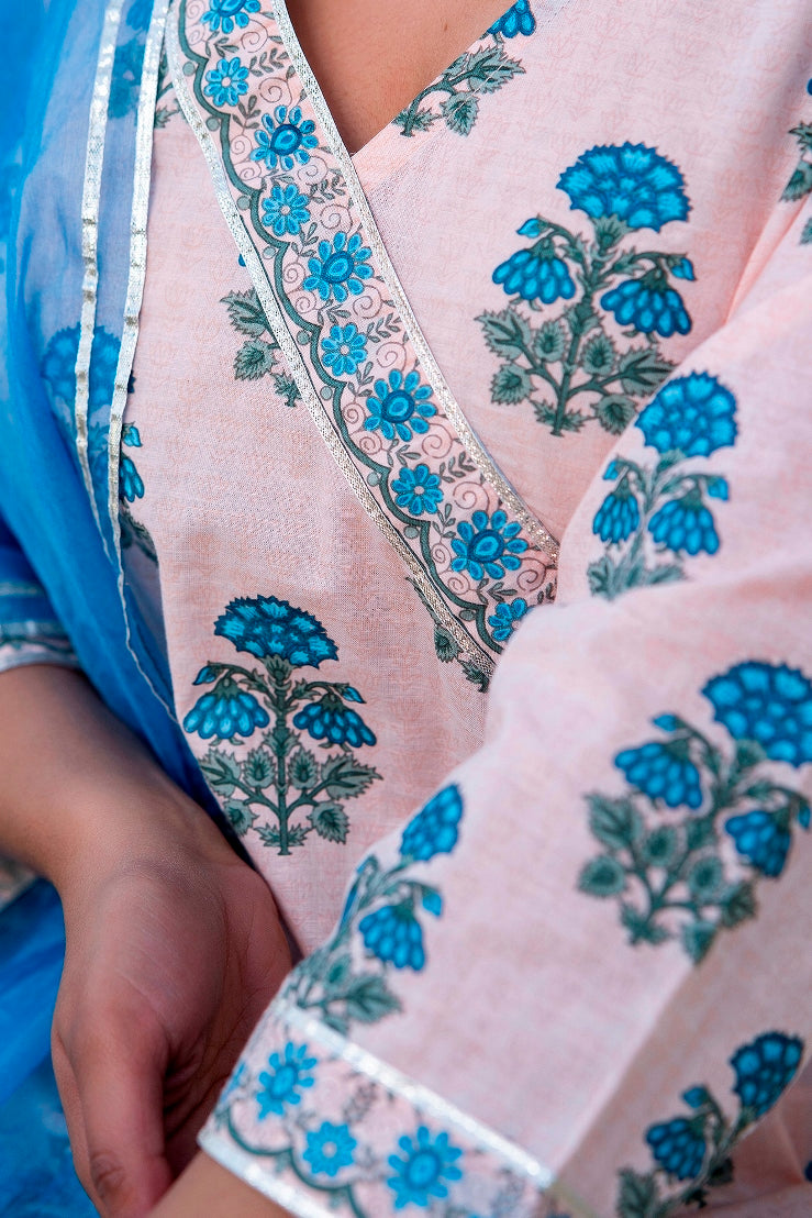 Pastel Pink Blue Premium Cotton Suit Set With Organza Dupatta (A120K3PNK)