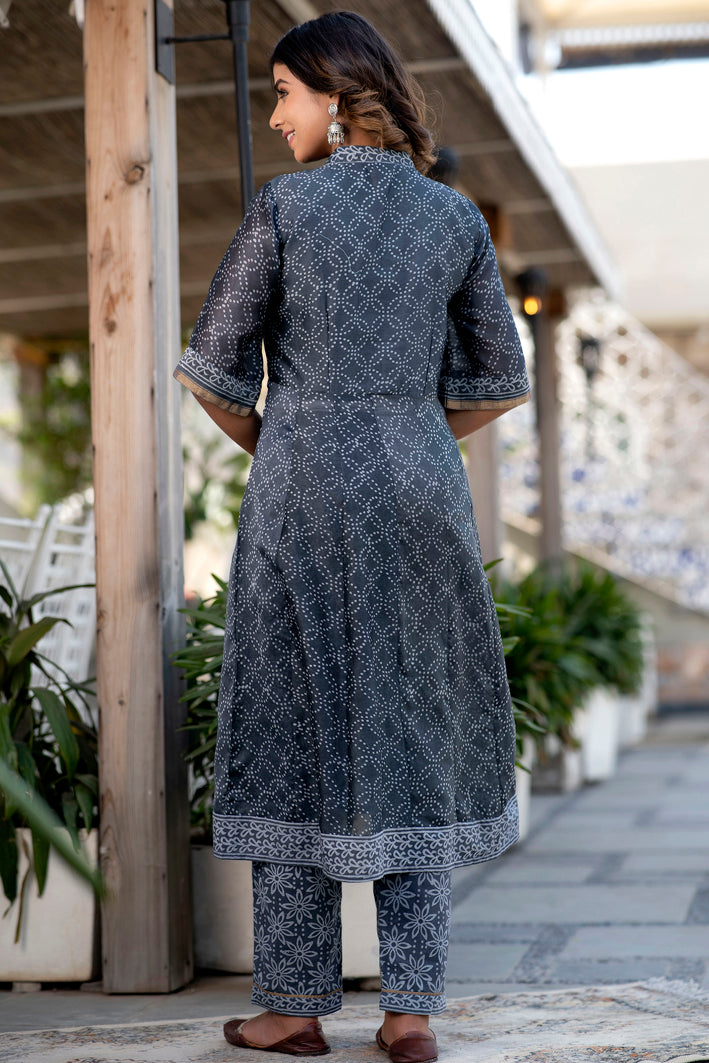 Lead Black and Grey Handblock Printed Chanderi Kurta with Chanderi Dupatta (A125K3GRY)
