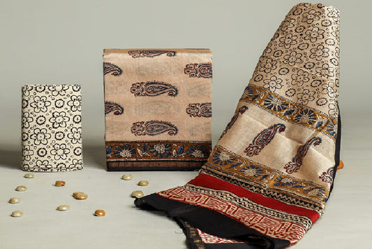 Lavish Beige Handblock Printed Chanderi Silk Unstitched Suit Set (296MH3CHCH)