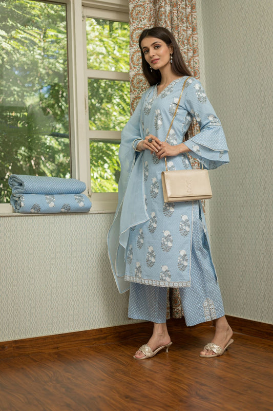 Vivid Cerulean and White Shiny Premium Cotton Silver Foil Printed Suit Set With Organza Dupatta (A107K3BLU)