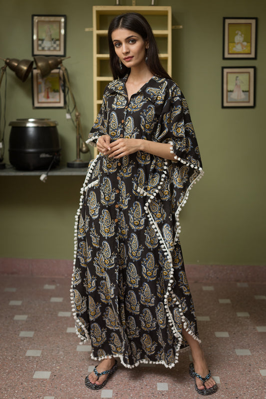 Coal Black and Chrome Yellow Handblock Premium Cotton Full length Kaftan (A105K1BLK)