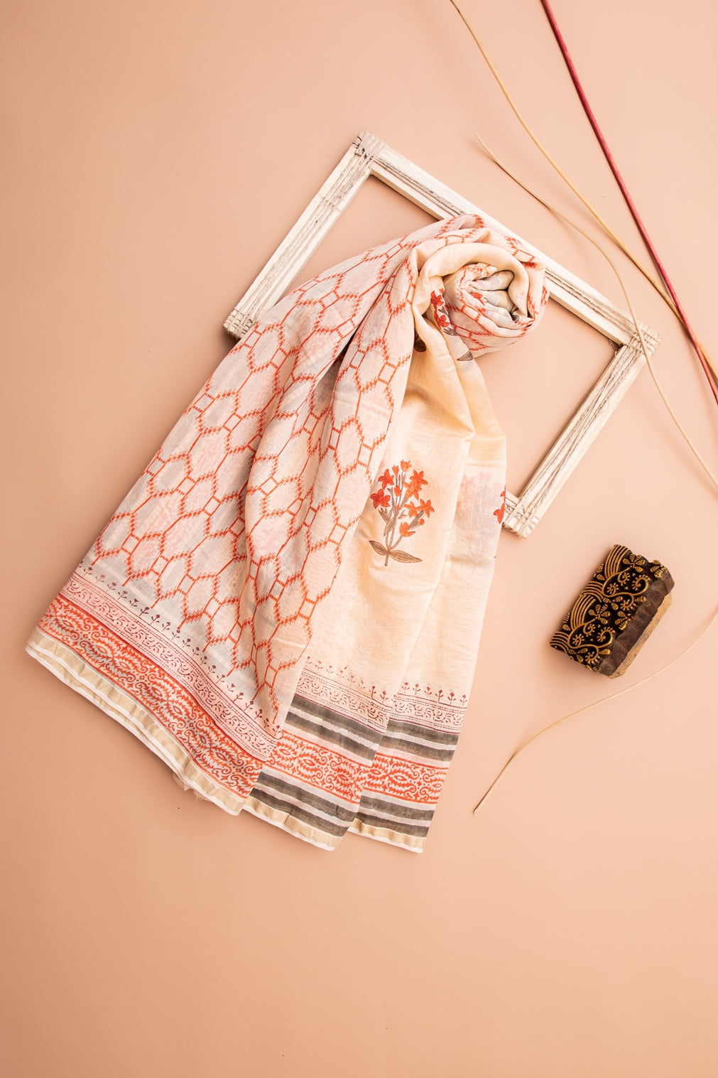 Magnolia Cream and Orange Handblock Printed Chanderi Silk Saree (141NV1SACH)