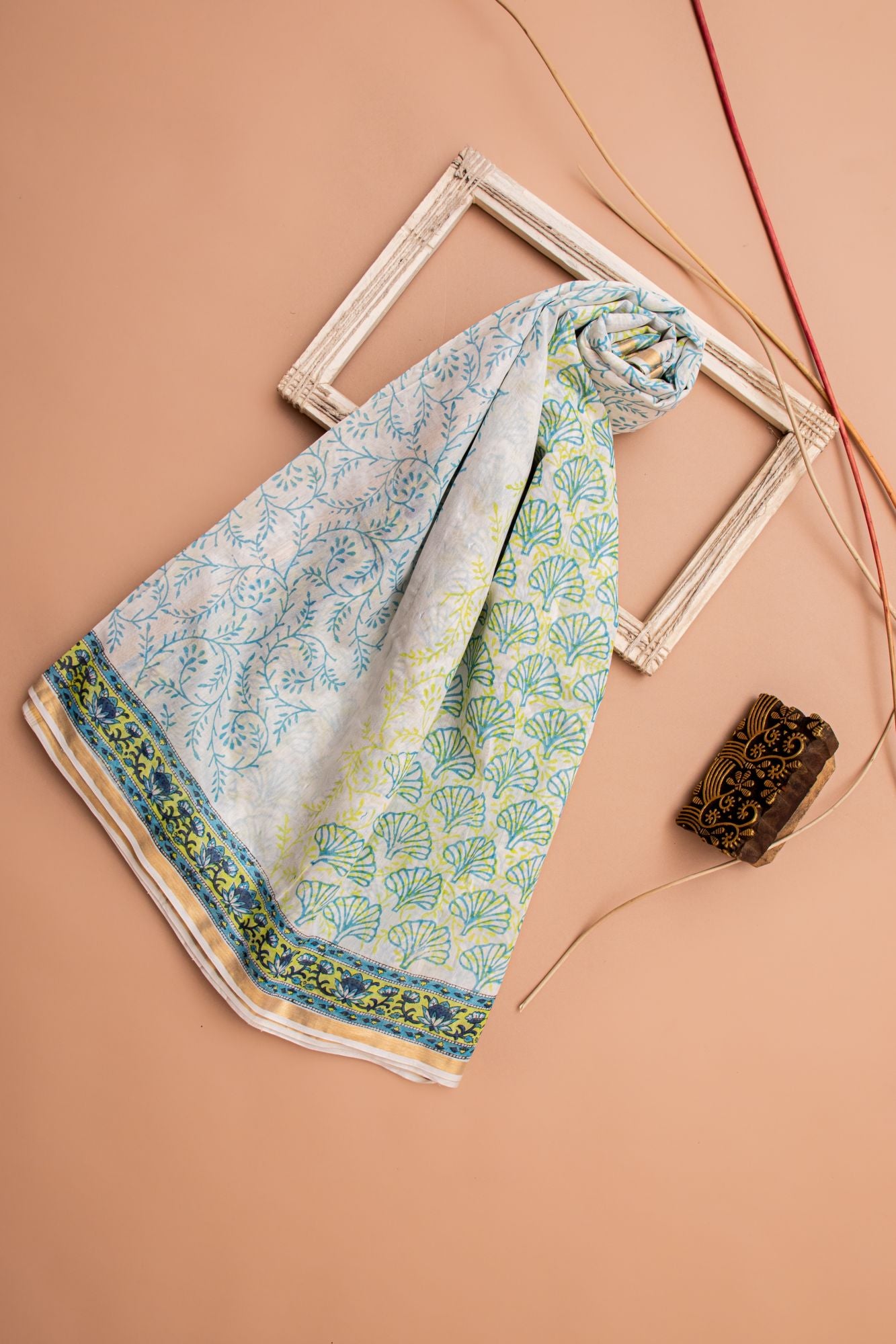 Jasmine White and Blue Handblock Printed Chanderi Silk Saree (196NV1SACH)