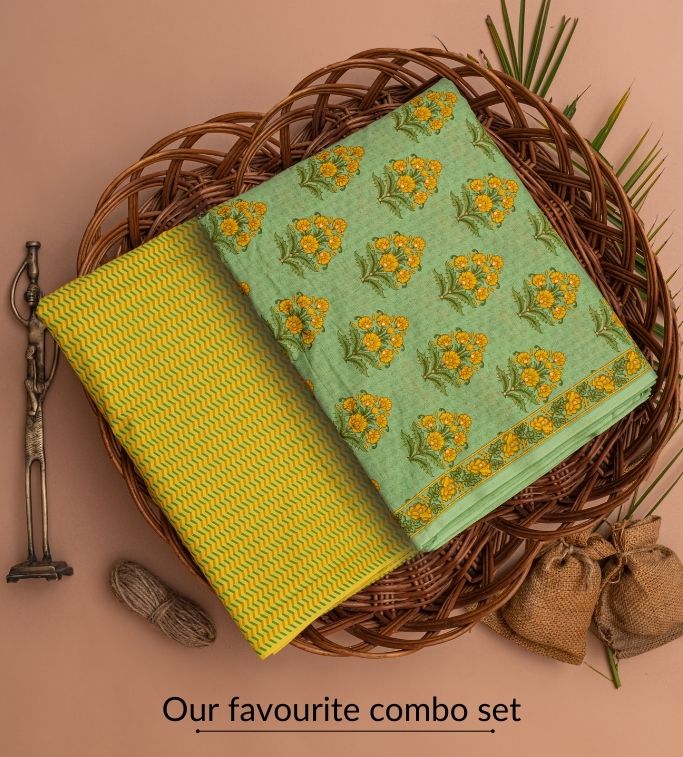 Spring Green and Chrome Yellow Premium Cotton Suit Set With Net Dupatta (A108K3GRN)