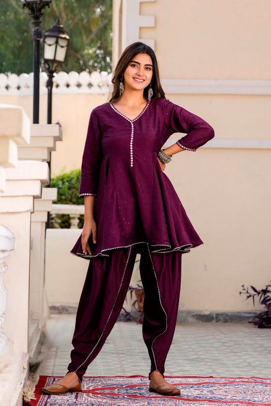 Purple Sequenced Flared Kurta with Tulip Pants ( A215K2PRL )
