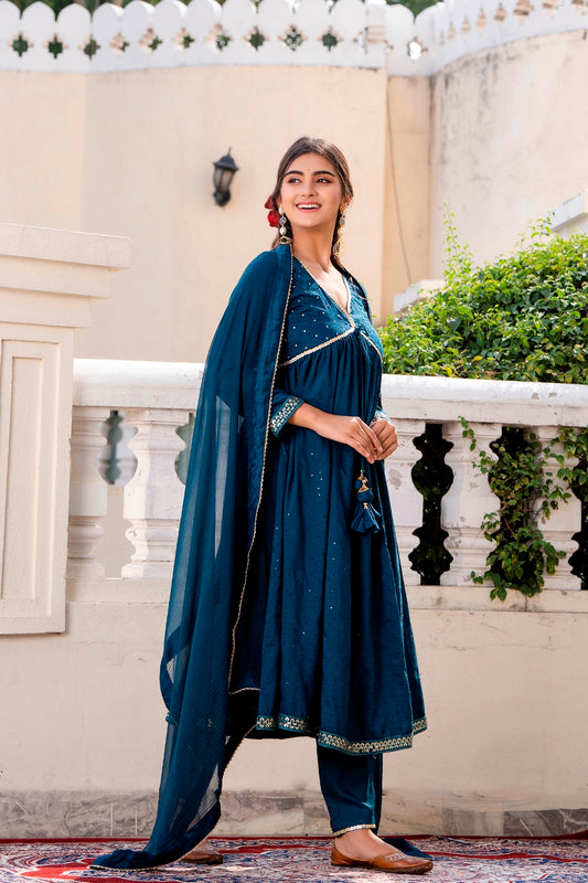 Teal Kurta with Pant and Chiffon Dupatta (A216K3TAL)