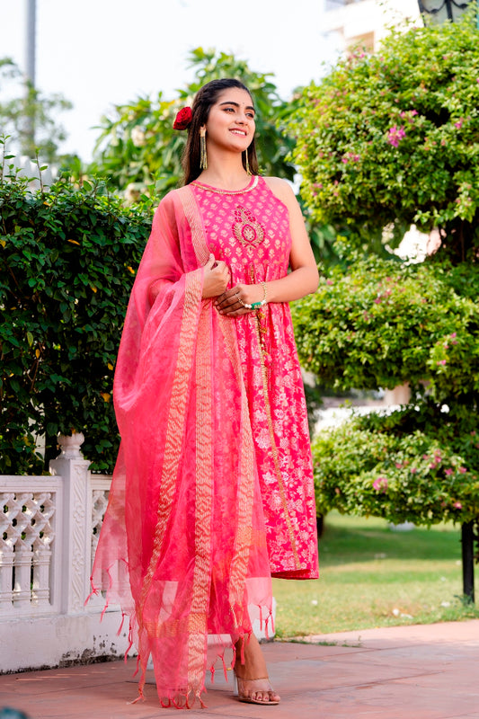Pink Kurta with Pant and Organza Dupatta (A218K3PNK)