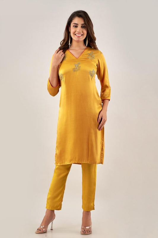 Satin Mustard Straight Handwork Kurta with Pencil Pant and Colour block Organza Dupatta(A229K3MTD)