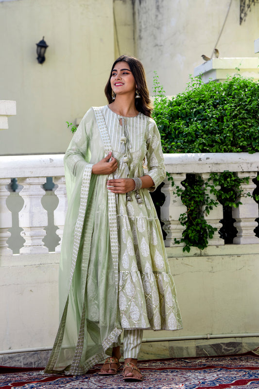 Green printed tiered kurta with pencil pant and chiffon Dupatta(A209K3GRN)
