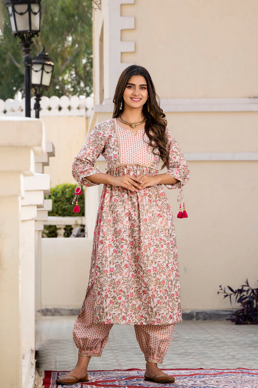 Pink Floral Gold Printed Kurta with Salwar(A213K2PNK)