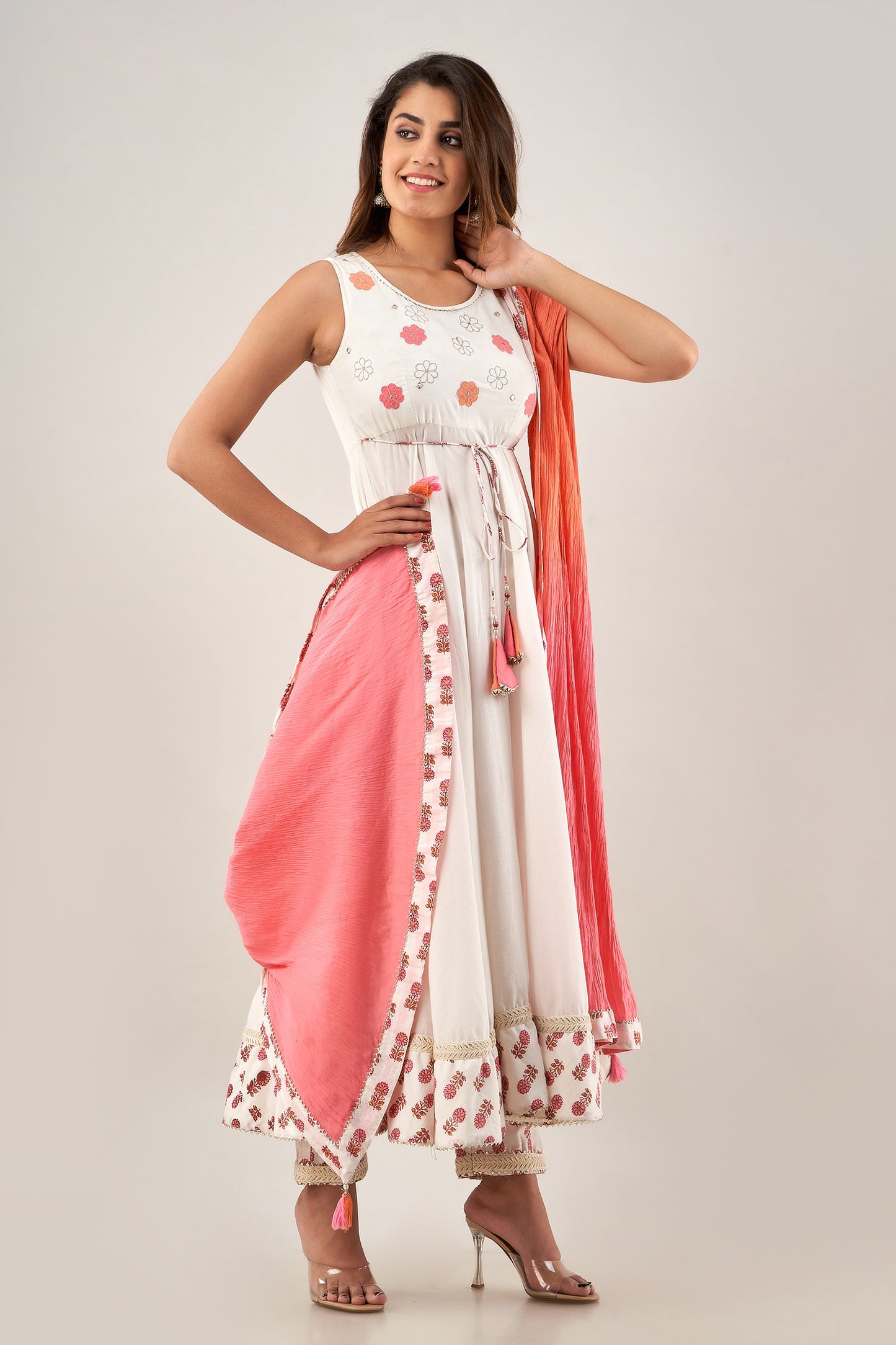 Flared white cotton kurta with printed pant and tie dye ombre crushed dupatta(A227K3WHT)