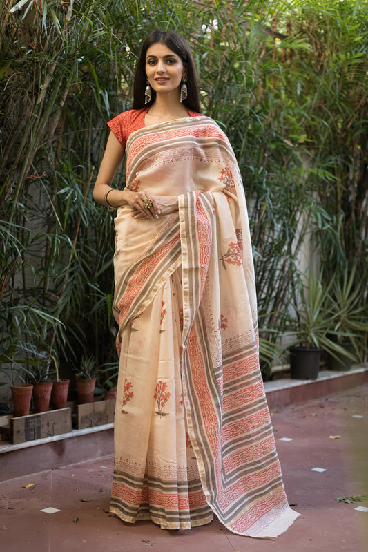 Magnolia Cream and Orange Handblock Printed Chanderi Silk Saree (141NV1SACH)