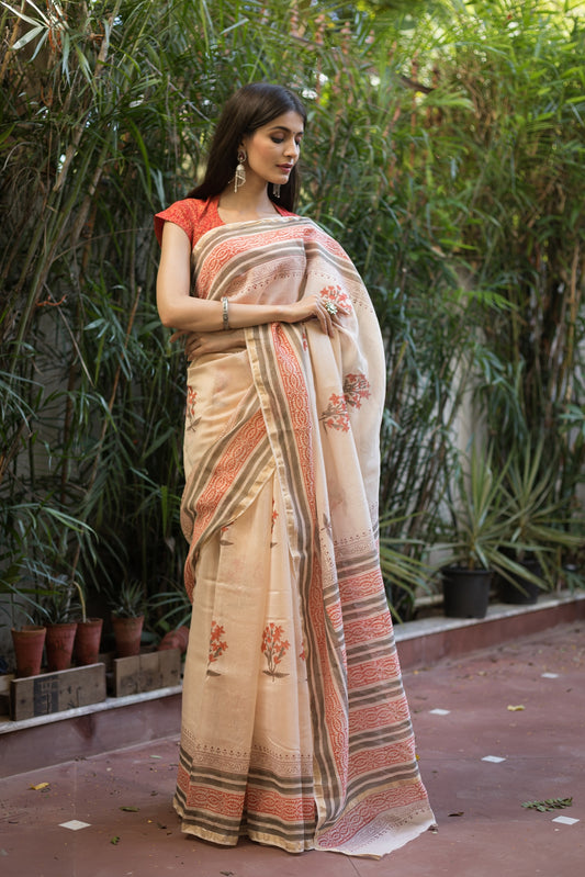 Magnolia Cream and Orange Handblock Printed Chanderi Silk Saree (141NV1SACH)
