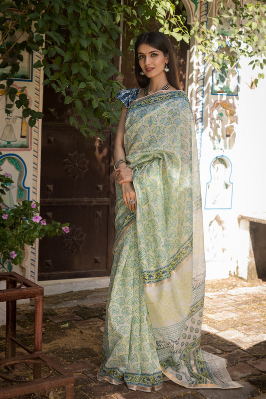 Jasmine White and Blue Handblock Printed Chanderi Silk Saree (196NV1SACH)