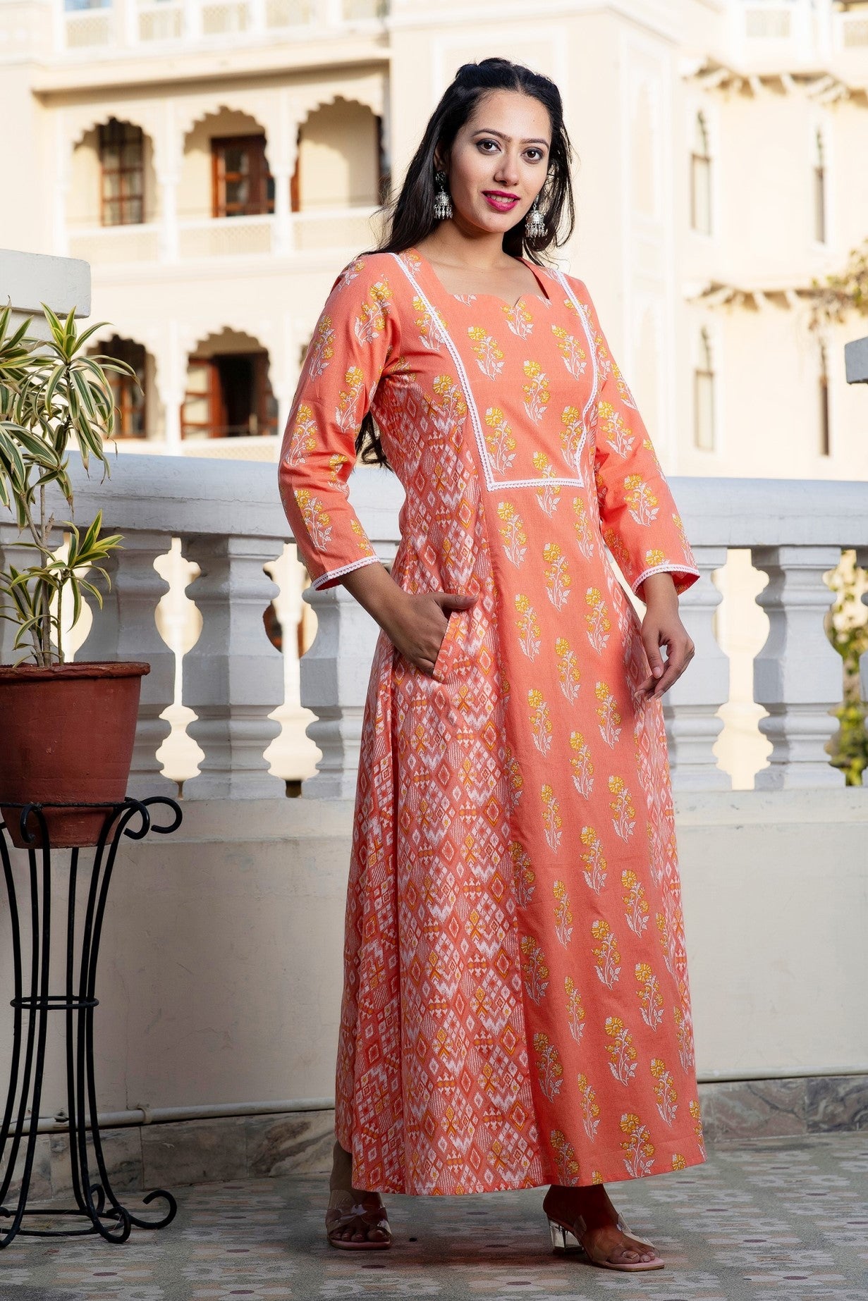 Melon Cantaloupe Orange Premium Cotton Ankle Length Dress (A112K1ORG)