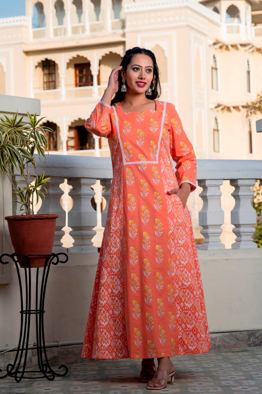 Melon Cantaloupe Orange Premium Cotton Ankle Length Dress (A112K1ORG)