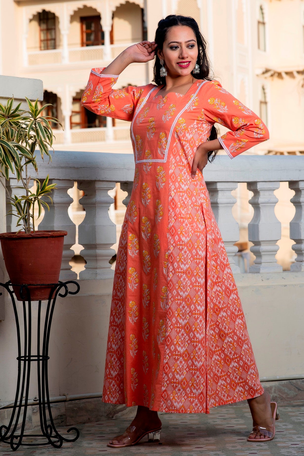 Melon Cantaloupe Orange Premium Cotton Ankle Length Dress (A112K1ORG)