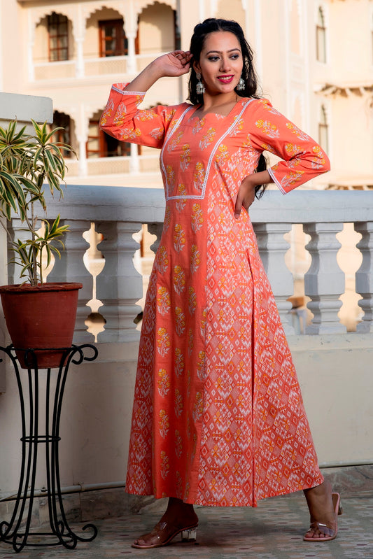 Melon Cantaloupe Orange Premium Cotton Ankle Length Dress (A112K1ORG)