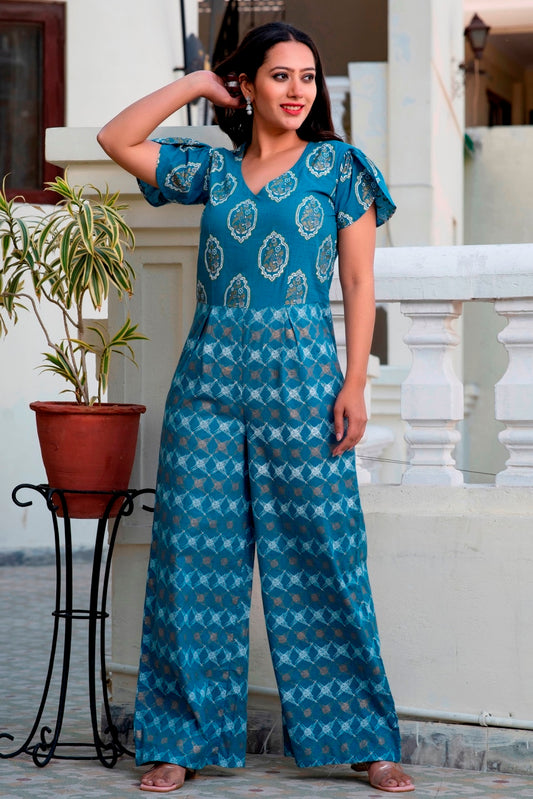 Yale Blue White Premium Cotton Gold Foil Printed Jumpsuit (A113K1BLU)