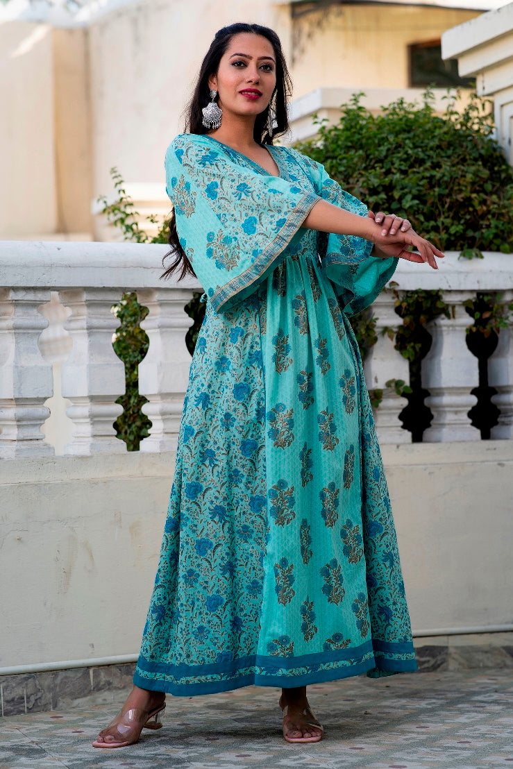 Adqeduct Turquoise Blue Premium Cotton Gold Foil Printed Dress (A116K1TRQ)