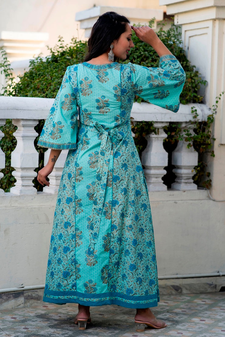 Adqeduct Turquoise Blue Premium Cotton Gold Foil Printed Dress (A116K1TRQ)