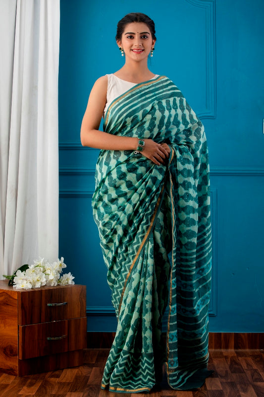 Lively Green Handblock Dabu Printed Chanderi Silk Saree (292NV1SACH)
