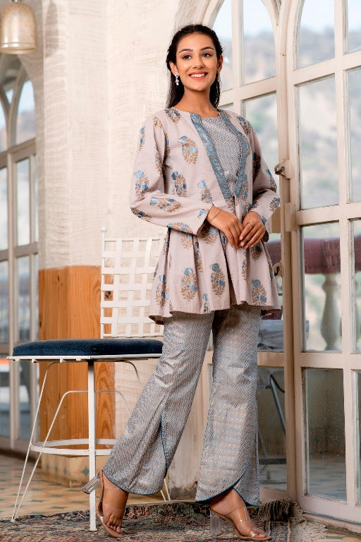 Smokey Grey Steel Blue Shiny Crop Top Flared Pant With Peplum Jacket (A114K3GRY)