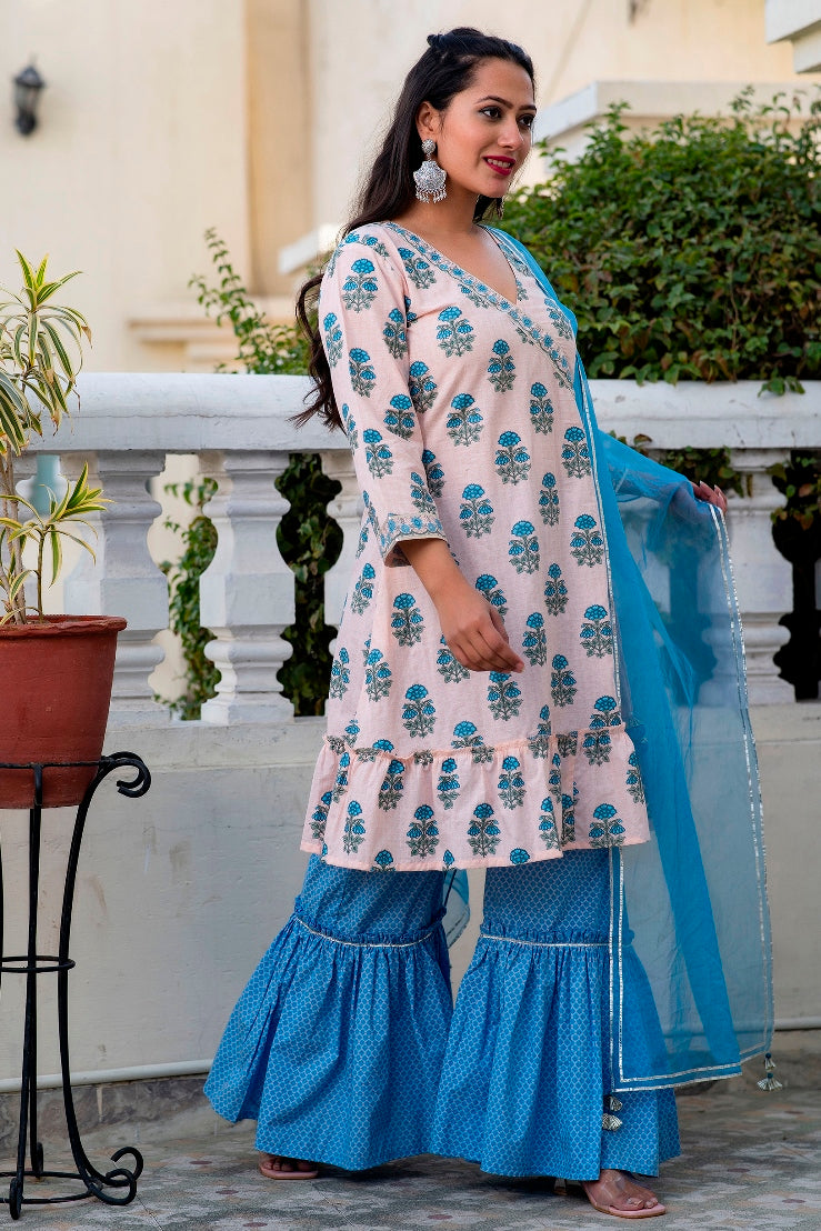 Pastel Pink Blue Premium Cotton Suit Set With Organza Dupatta (A120K3PNK)
