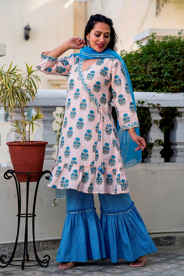 Pastel Pink Blue Premium Cotton Suit Set With Organza Dupatta (A120K3PNK)
