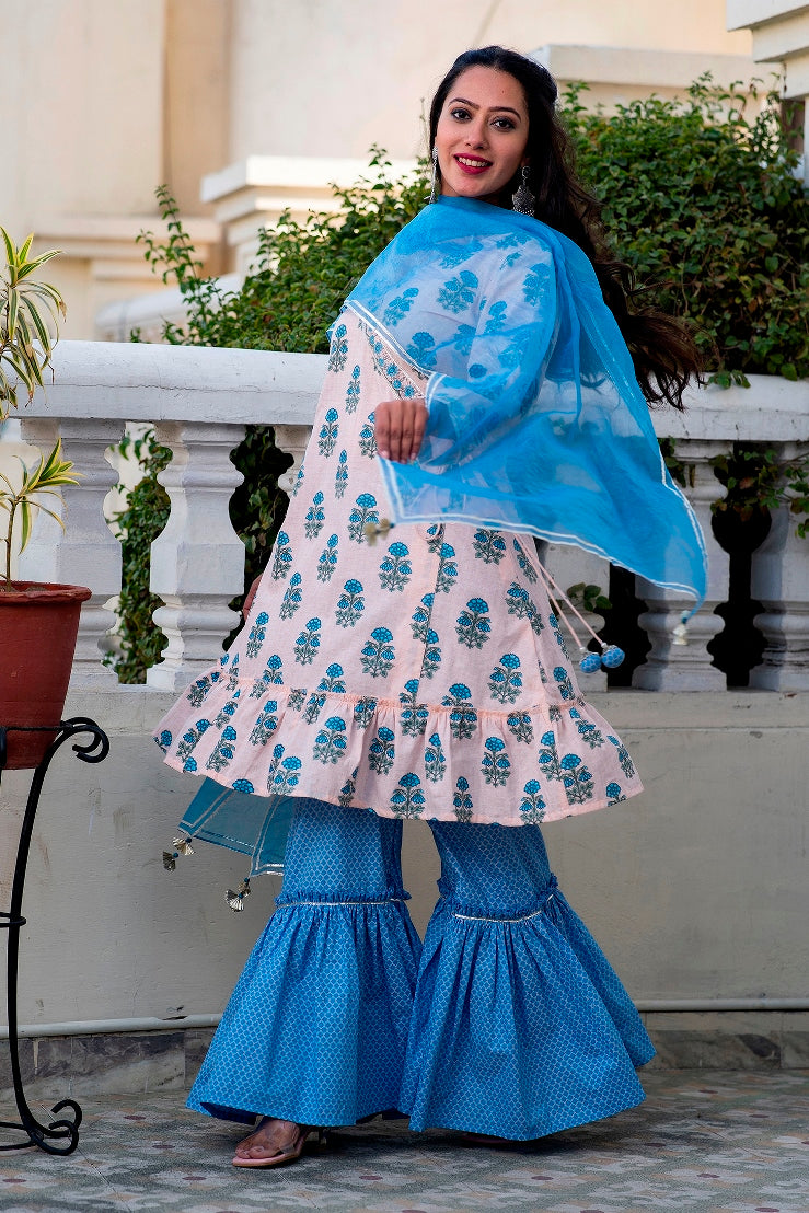 Pastel Pink Blue Premium Cotton Suit Set With Organza Dupatta (A120K3PNK)