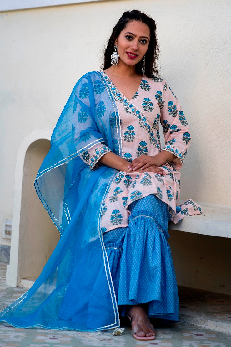 Pastel Pink Blue Premium Cotton Suit Set With Organza Dupatta (A120K3PNK)